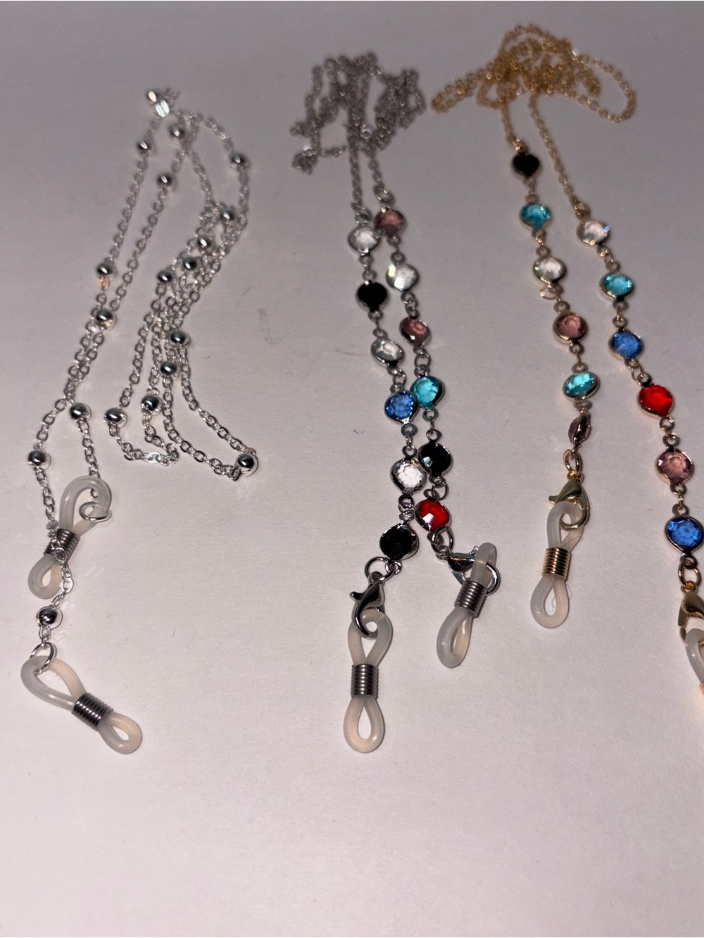 Eyeglass Chain Holders Set of 3 Colorful Crystals Gold & Silver Toned